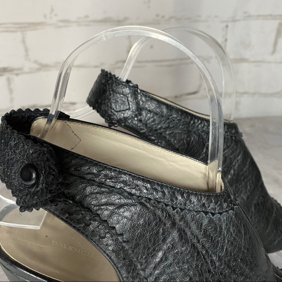 Balenciaga Brogue Black Leather Peep Toe Wedges 38 - Picture 3 of 6